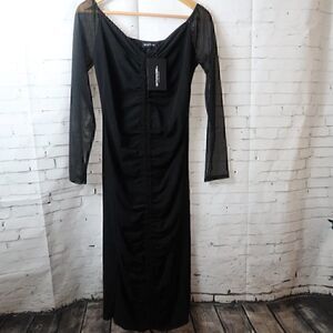 PRETTY LITTLE THING BLACK LONG SHEER SLEEVE DRESS ROUCHED DETAIL SIZE 12 NWT